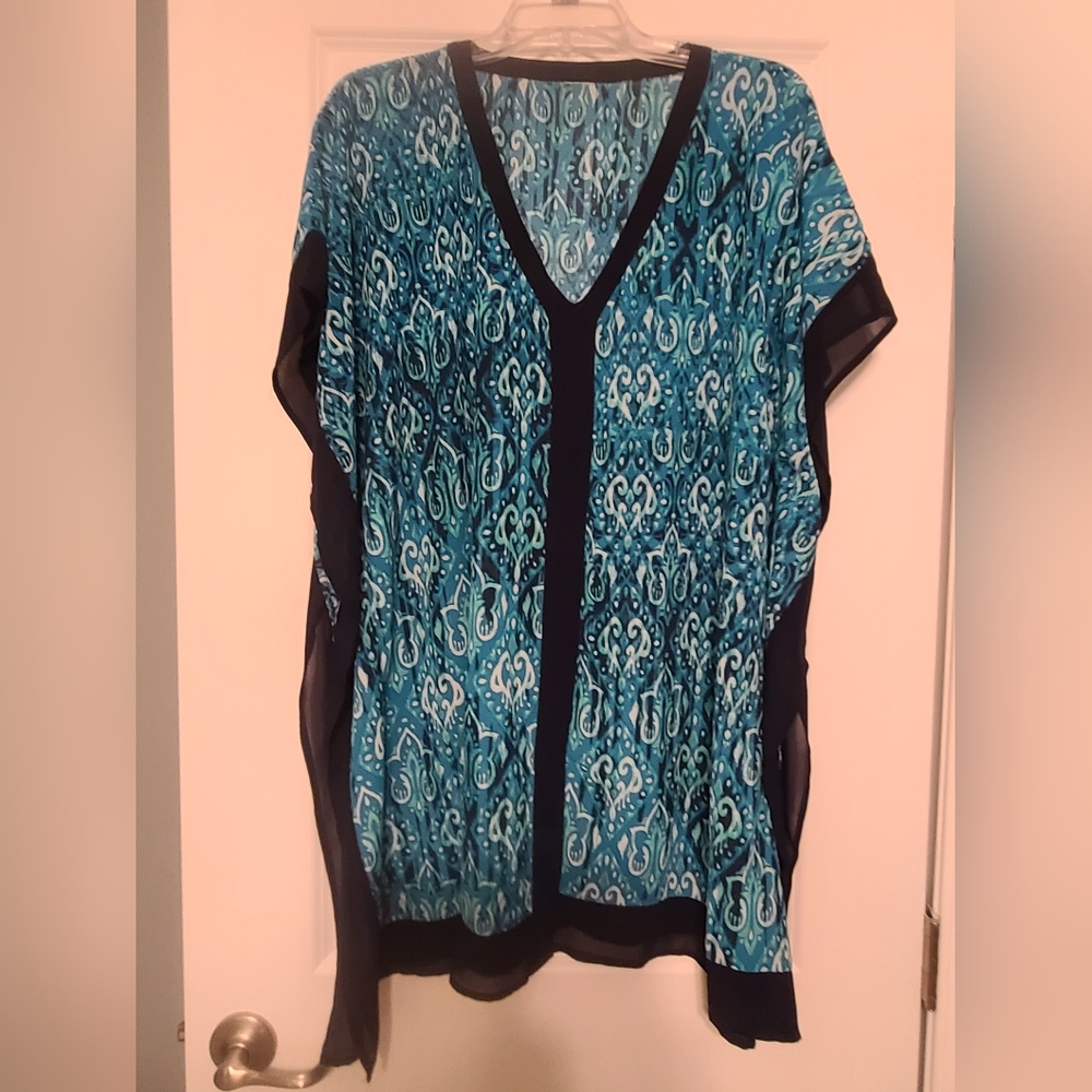 Women's V-Neck Swimsuit Coverup with Batwing Short Sleeves, Blues & Greens - Picture 1 of 2